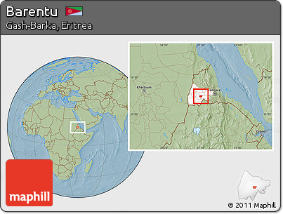 Savanna Style Location Map of Barentu, highlighted parent region, hill shading