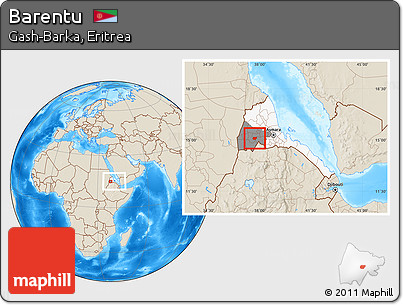Shaded Relief Location Map of Barentu, highlighted country, highlighted parent region, within the entire country