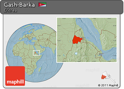 Savanna Style Location Map of Gash-Barka, within the entire country, hill shading