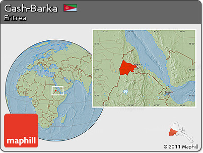 Savanna Style Location Map of Gash-Barka, within the entire country, hill shading