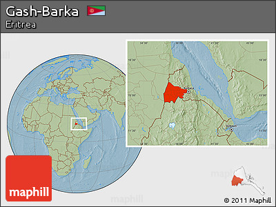 Savanna Style Location Map of Gash-Barka, within the entire country, hill shading