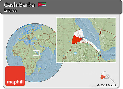 Savanna Style Location Map of Gash-Barka, highlighted country, within the entire country, hill shading