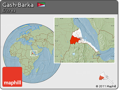 Savanna Style Location Map of Gash-Barka, highlighted country, within the entire country, hill shading