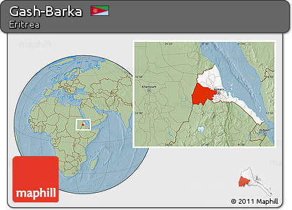 Savanna Style Location Map of Gash-Barka, highlighted country, hill shading