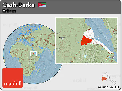 Savanna Style Location Map of Gash-Barka, highlighted country, hill shading