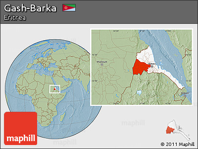 Savanna Style Location Map of Gash-Barka, highlighted country, hill shading