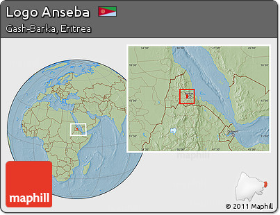 Savanna Style Location Map of Logo Anseba, within the entire country, hill shading
