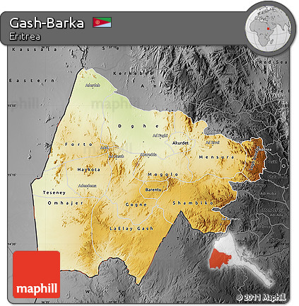Physical Map of Gash-Barka, darken, desaturated
