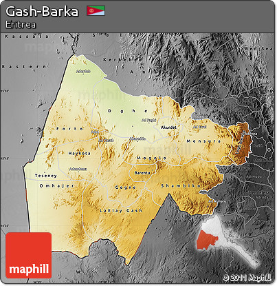 Physical Map of Gash-Barka, darken, desaturated