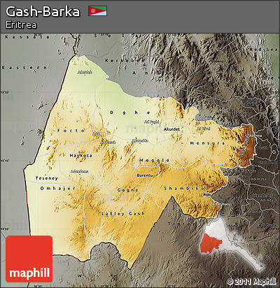 Physical Map of Gash-Barka, darken, semi-desaturated