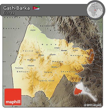 Physical Map of Gash-Barka, darken, semi-desaturated