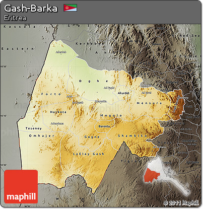 Physical Map of Gash-Barka, darken, semi-desaturated