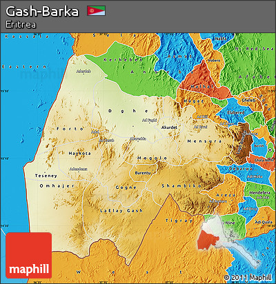 Physical Map of Gash-Barka, political outside