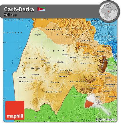 Physical Map of Gash-Barka, political shades outside