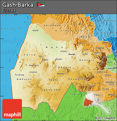 Physical Map of Gash-Barka, political shades outside