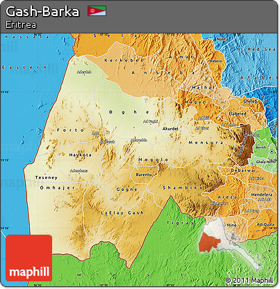 Physical Map of Gash-Barka, political shades outside