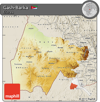 Physical Map of Gash-Barka, shaded relief outside