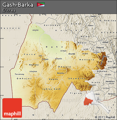 Physical Map of Gash-Barka, shaded relief outside