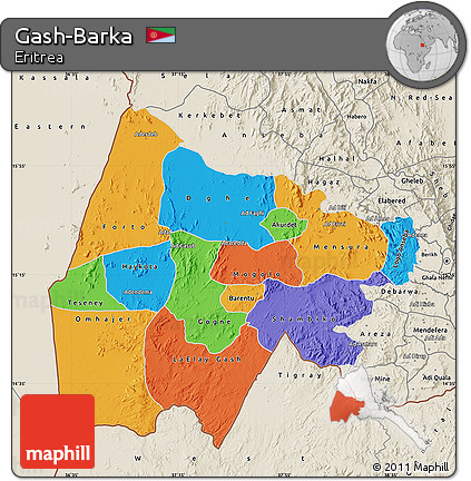 Political Map of Gash-Barka, shaded relief outside