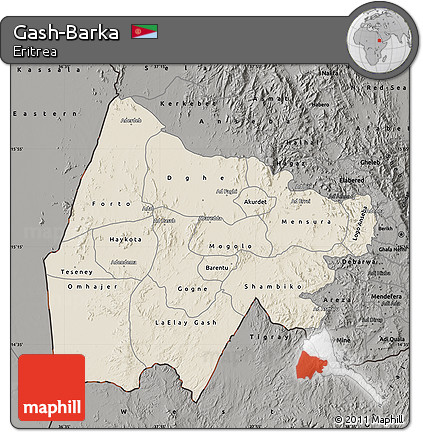 Shaded Relief Map of Gash-Barka, darken, semi-desaturated