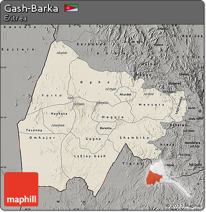Shaded Relief Map of Gash-Barka, darken, semi-desaturated