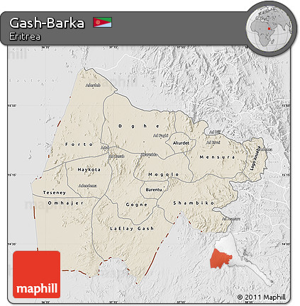 Shaded Relief Map of Gash-Barka, lighten, desaturated