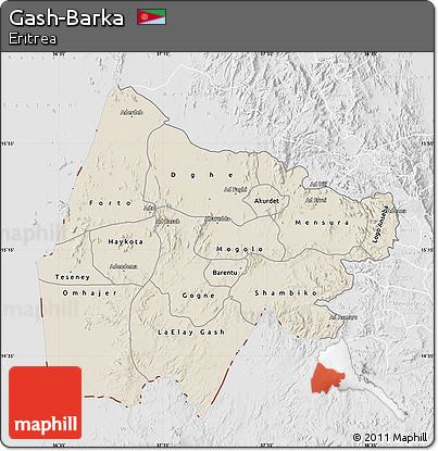 Shaded Relief Map of Gash-Barka, lighten, desaturated
