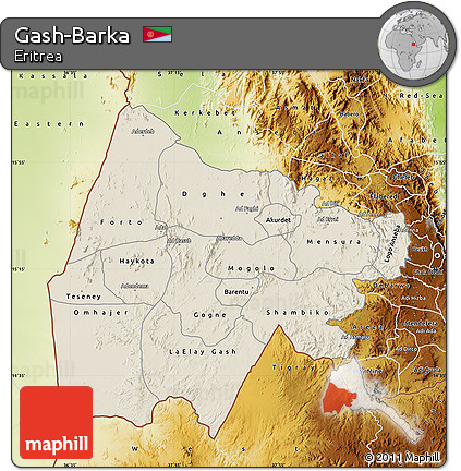 Shaded Relief Map of Gash-Barka, physical outside