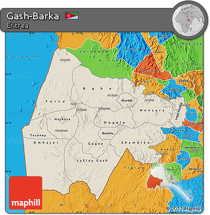 Shaded Relief Map of Gash-Barka, political outside