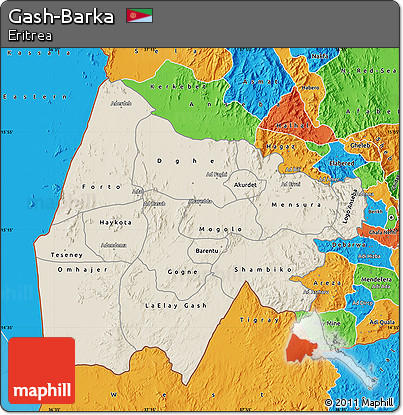 Shaded Relief Map of Gash-Barka, political outside