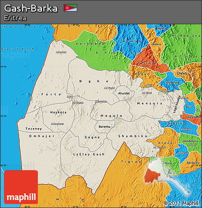 Shaded Relief Map of Gash-Barka, political outside