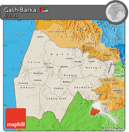 Shaded Relief Map of Gash-Barka, political shades outside