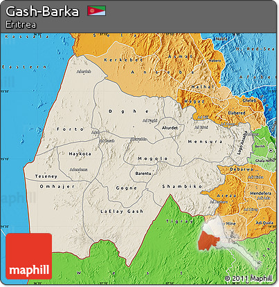 Shaded Relief Map of Gash-Barka, political shades outside