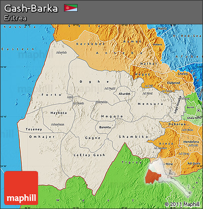 Shaded Relief Map of Gash-Barka, political shades outside