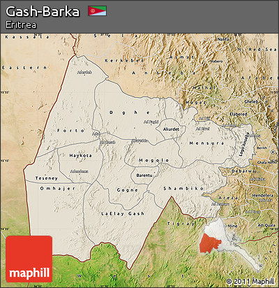 Shaded Relief Map of Gash-Barka, satellite outside