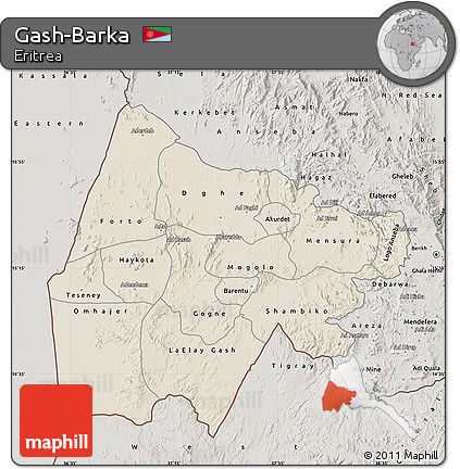 Shaded Relief Map of Gash-Barka, semi-desaturated