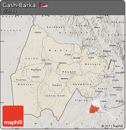 Shaded Relief Map of Gash-Barka, semi-desaturated