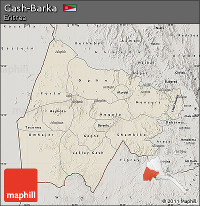 Shaded Relief Map of Gash-Barka, semi-desaturated