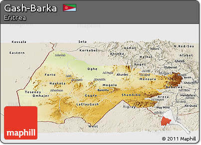 Physical Panoramic Map of Gash-Barka, shaded relief outside