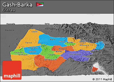 Political Panoramic Map of Gash-Barka, darken, desaturated