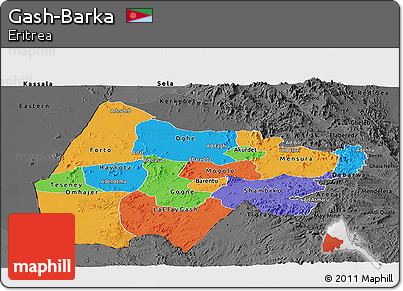 Political Panoramic Map of Gash-Barka, darken, desaturated