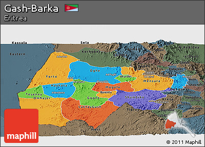 Political Panoramic Map of Gash-Barka, darken, semi-desaturated