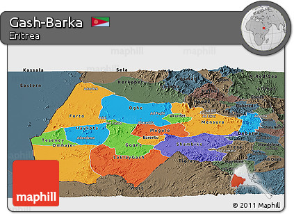 Political Panoramic Map of Gash-Barka, darken, semi-desaturated