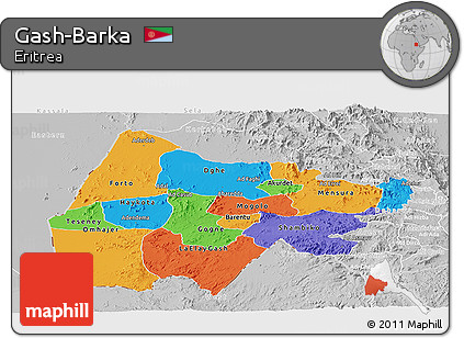 Political Panoramic Map of Gash-Barka, lighten, desaturated