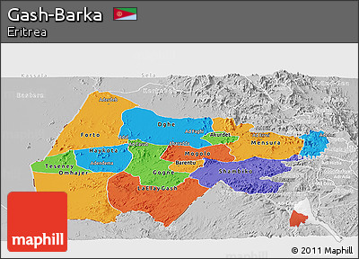 Political Panoramic Map of Gash-Barka, lighten, desaturated