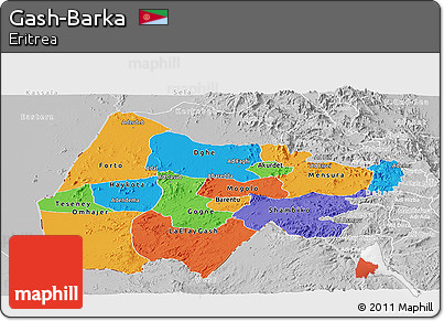 Political Panoramic Map of Gash-Barka, lighten, desaturated