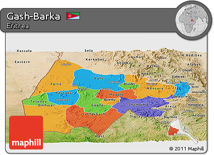 Political Panoramic Map of Gash-Barka, satellite outside