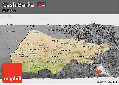 Satellite Panoramic Map of Gash-Barka, darken, desaturated