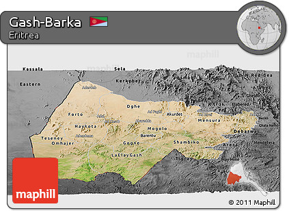 Satellite Panoramic Map of Gash-Barka, darken, desaturated