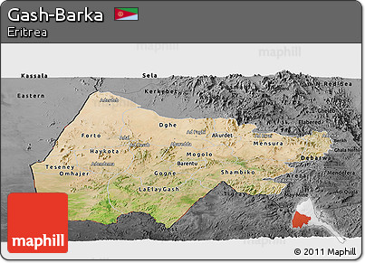 Satellite Panoramic Map of Gash-Barka, darken, desaturated